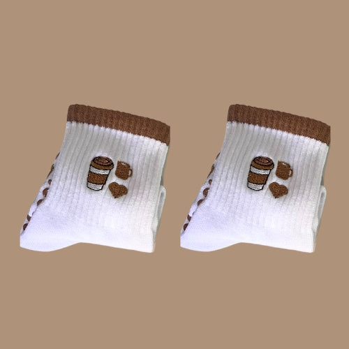 Brown and white Pilates socks with coffee design